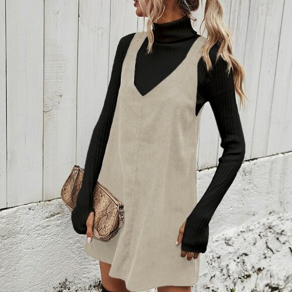 Apricot Casual Women's Corduroy Solid Overall Dress Without Sweater - Picture 6 of 6